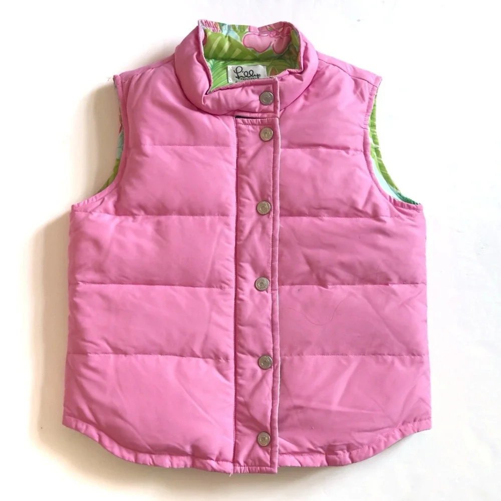 Lilly Pulitzer Floral Reversible Down Puffer Vest Girls 6X Pink Tropical Preppy